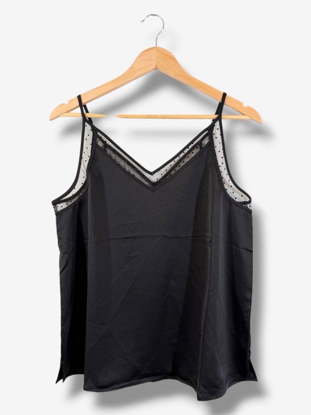 Loft Black V-Neck Cami Size M Sheer Swiss Dot Trim Sleeveless Minimalist Casual
